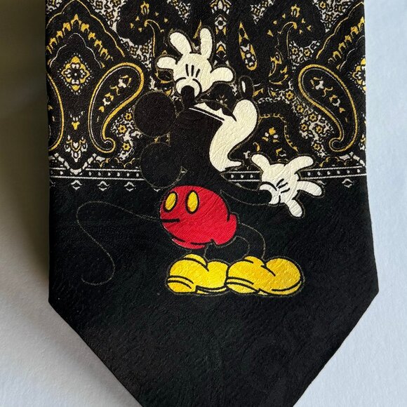 VTG NECKTIE DISNEY LEEDS INT'L MICKEY MOUSE PAISLEY PRINT SILK BLACK BEIGE RED - Picture 6 of 10